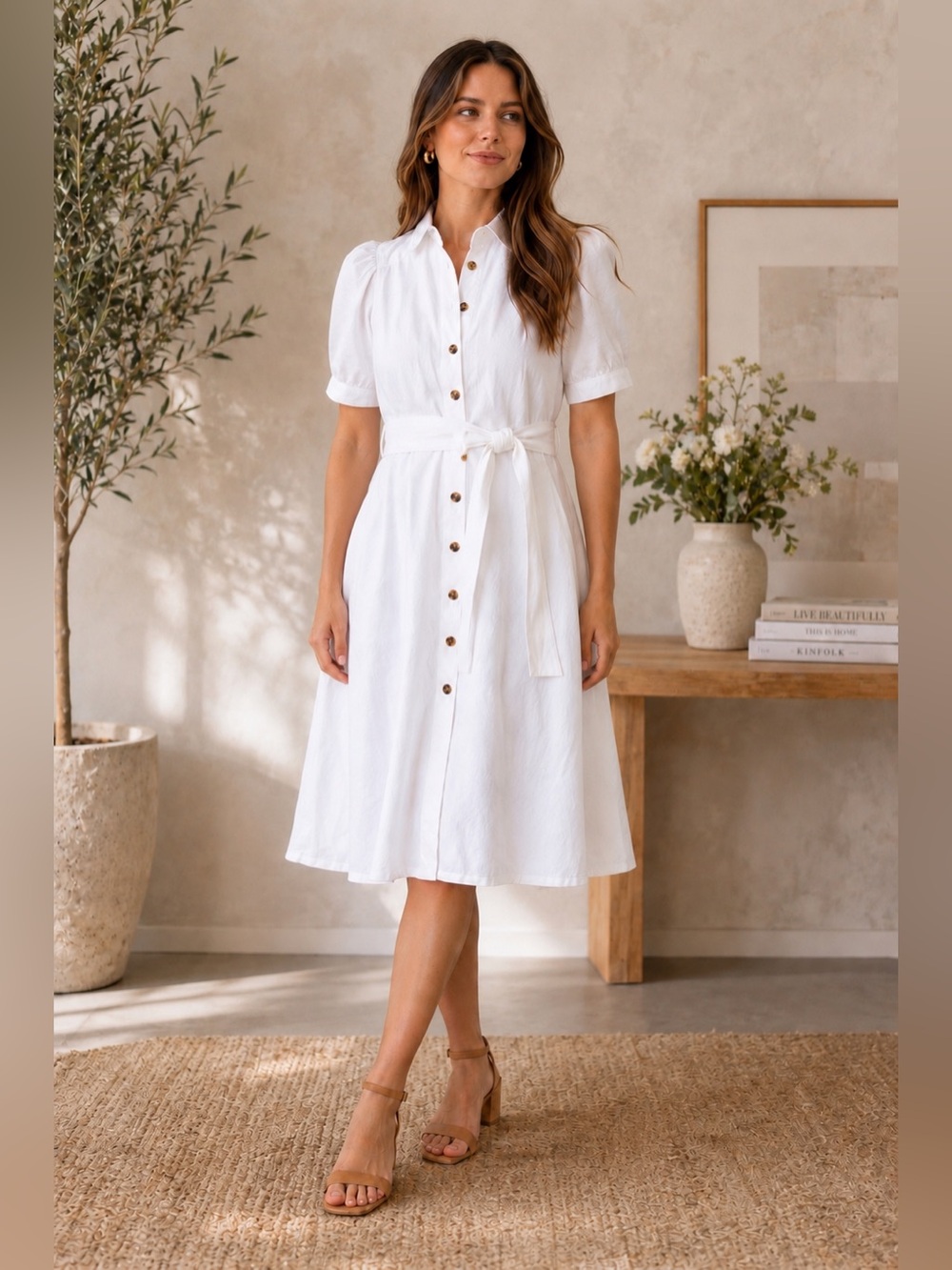 Ann Taylor Petite White Linen Blend Belted Button Front Midi Dress 8P